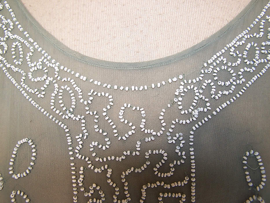 Vintage Teal Blue Gray Cotton Muslin White Beaded Drop Waist Shift Dress close up