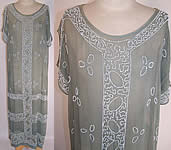 Vintage Teal Blue Gray Cotton Muslin White Beaded Drop Waist Shift Dress Large Size