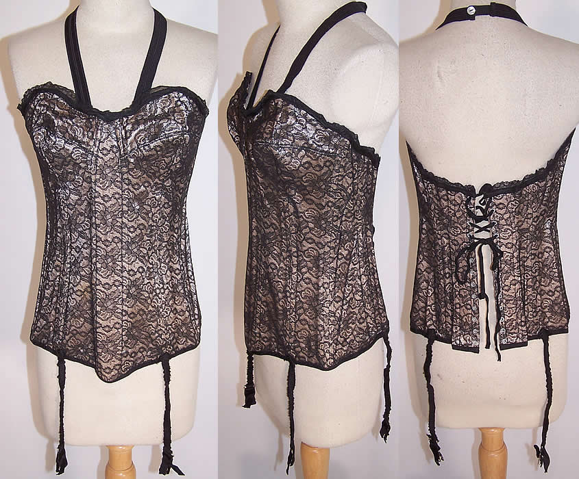 Vintage Black Chantilly Lace Merry Widow Corselet Corset Bustier Bra Girdle Garters