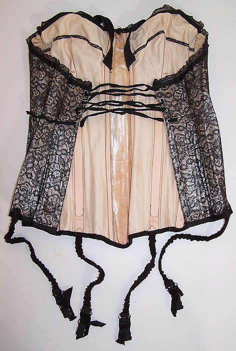 Vintage Black Chantilly Lace Merry Widow Corselet Corset Bustier Bra Girdle Garters shows the lining