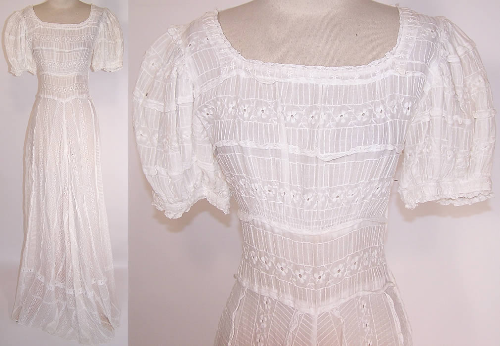 Vintage White Cotton Batiste Pleated Eyelet Lace Garden Party Wedding Dress