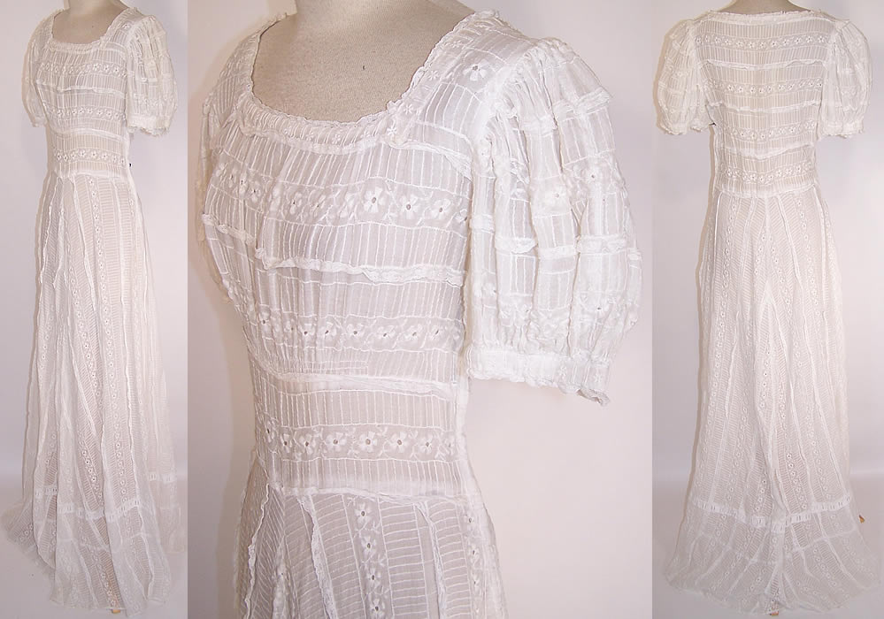Vintage White Cotton Batiste Pleated Eyelet Lace Garden Party Wedding Dress side view, side view close up & back view.