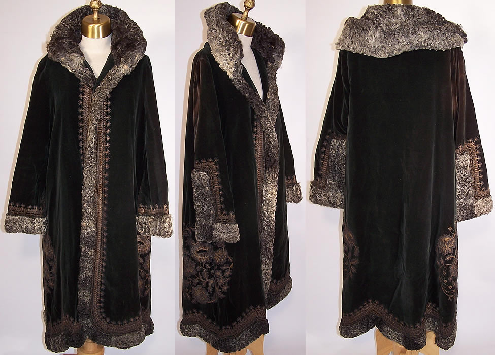 Vintage Art Deco Gold Metallic Embroidered Green Velvet Curly Lamb Fur Winter Coat