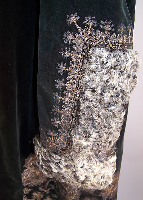 Vintage Art Deco Gold Metallic Embroidered Green Velvet Curly Lamb Fur Winter Coat sleeve close up.
