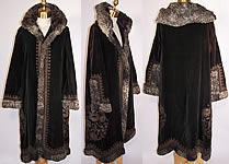 1920s Art Deco Gold Metallic Embroidered Green Velvet Curly Lamb Fur Winter Coat