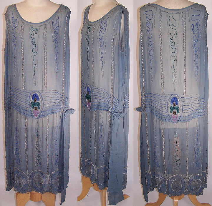 Vintage Art Deco Blue Silk Chiffon Silver Pastel Beaded Flapper Drop Waist Dress