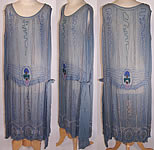 1920s Art Deco Blue Silk Chiffon Silver Pastel Beaded Flapper Drop Waist Dress