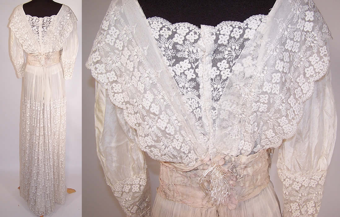 Edwardian White Silk Tambour Embroidery Net Lace Bridal Wedding Gown Dress  back view & close up.