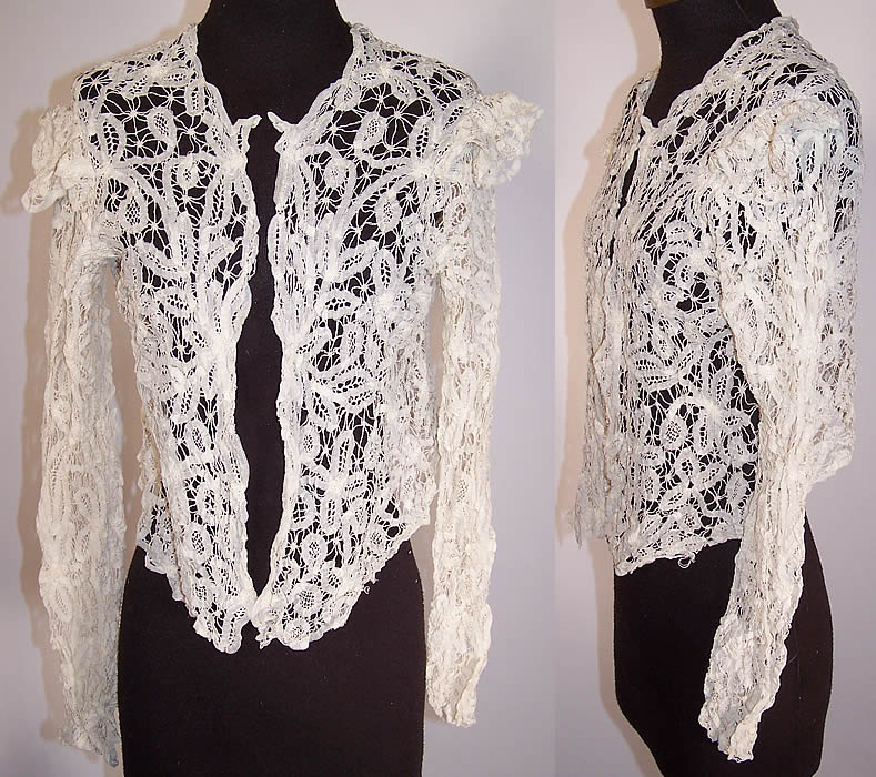 Edwardian Antique White Battenburg Tape Lace Sheer Blouse Jacket Top