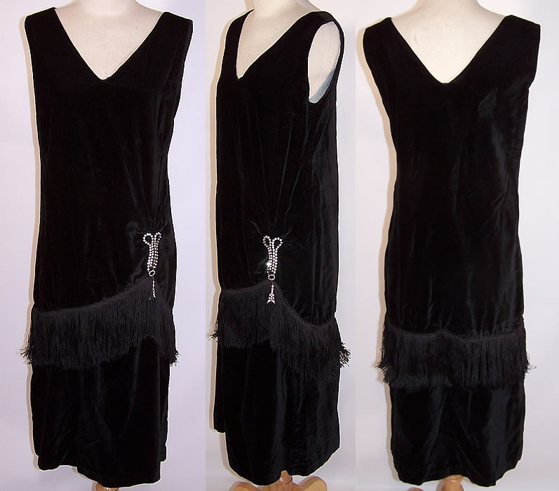 Art Deco Vintage Black Velvet Fringe Rhinestone Trim Drop Waist Flapper Dress