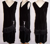 Vintage 1920s Black Velvet Fringe Rhinestone Trim Drop Waist Flapper Dress