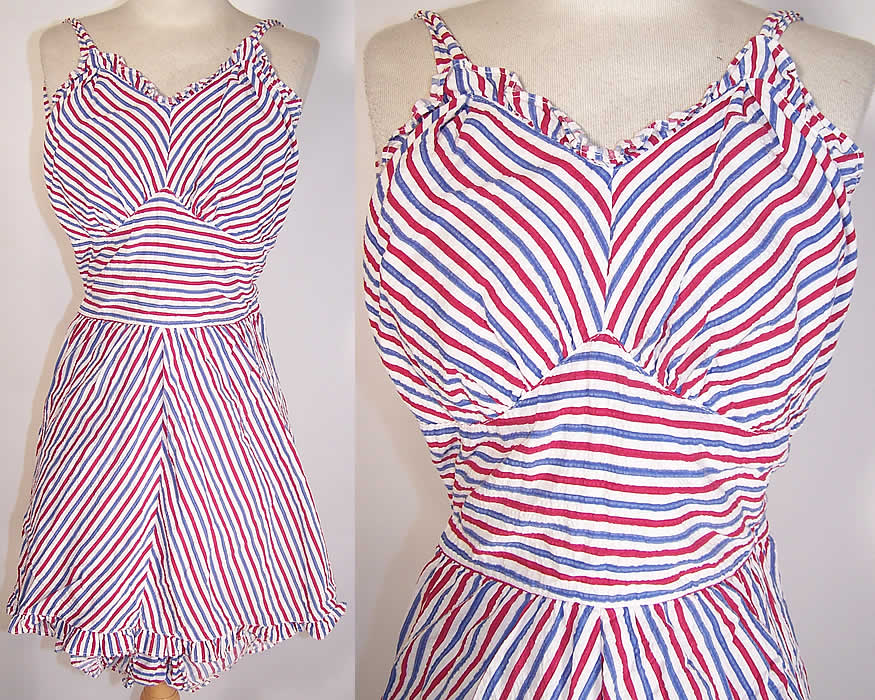 Vintage Seersucker Striped Red White Blue Pinup Playsuit Romper Dress