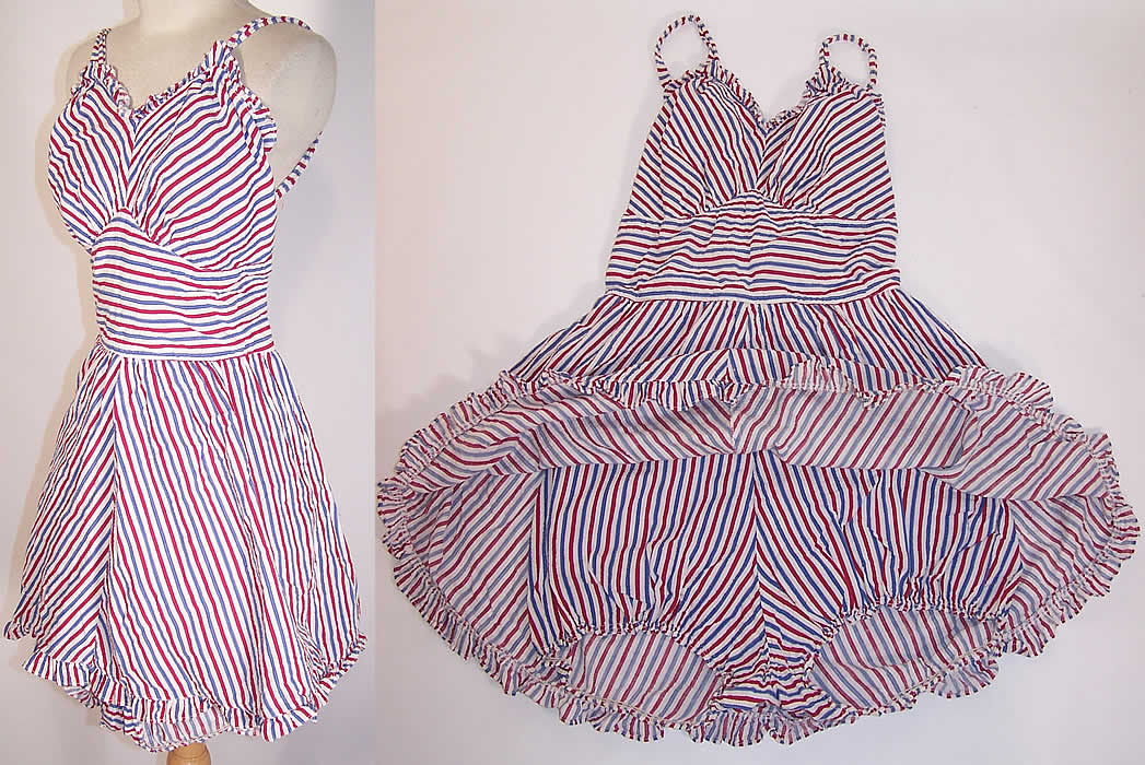 Vintage Seersucker Striped Red White Blue Pinup Playsuit Romper Dress