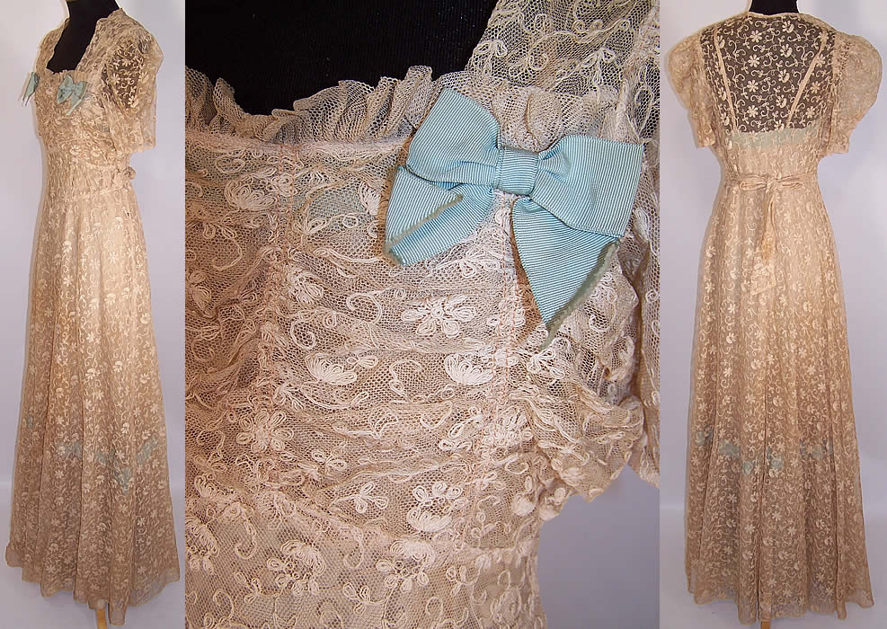 Vintage Ecru Tambour Embroidery Net Lace Blue Bow Bias Cut Dress Gown & Slip side view, bow close up and back view.