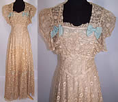 1930s Vintage Ecru Tambour Embroidery Net Lace Blue Bow Bias Cut Dress Gown & Slip