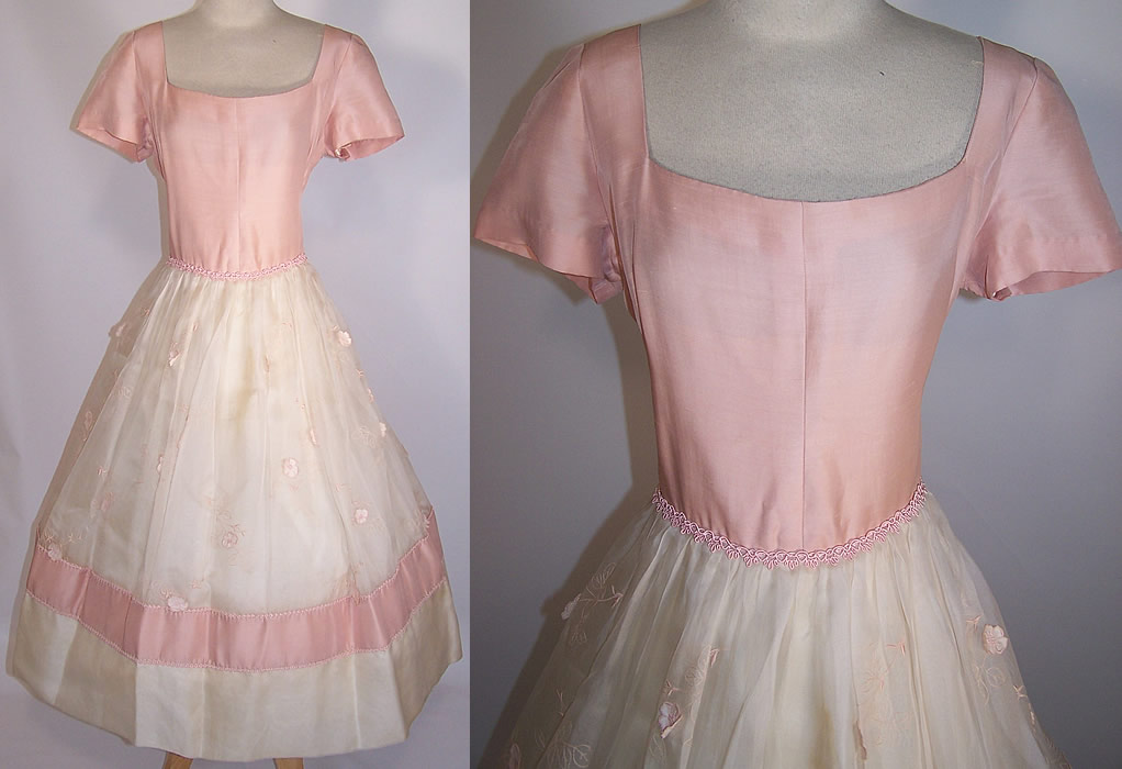 Vintage Lillie Rubin Pink White Organdy Floral Applique Circle Skirt Dress