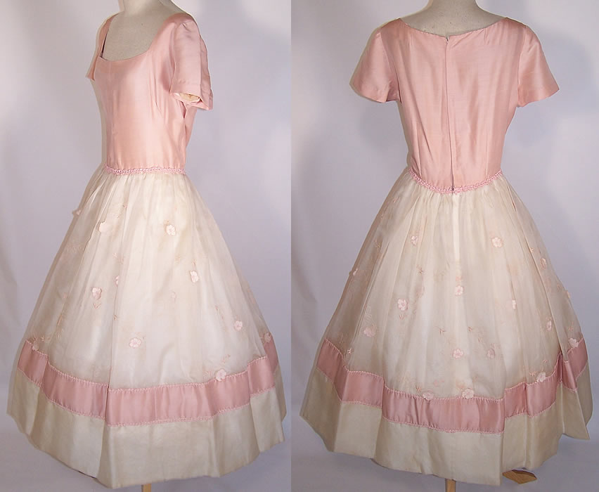 Vintage Lillie Rubin Pink White Organdy Floral Applique Circle Skirt Dress  side view & back view