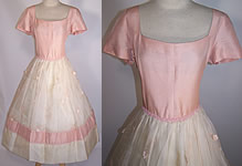 Vintage 1950s Lillie Rubin Pink White Organdy Floral Applique Circle Skirt Dress