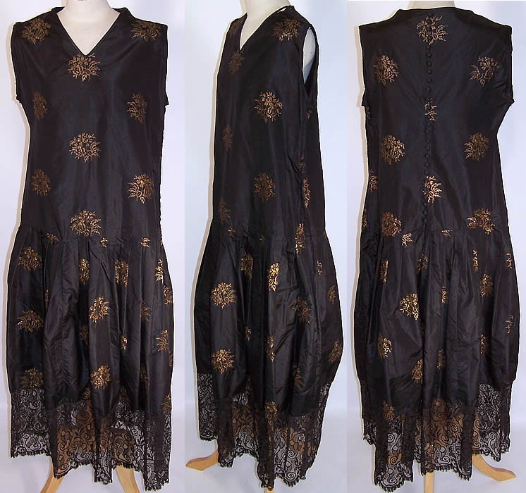 Vintage Black Silk Gold Metallic Lam&eacute; Embroidered Lace Drop Waist Dress