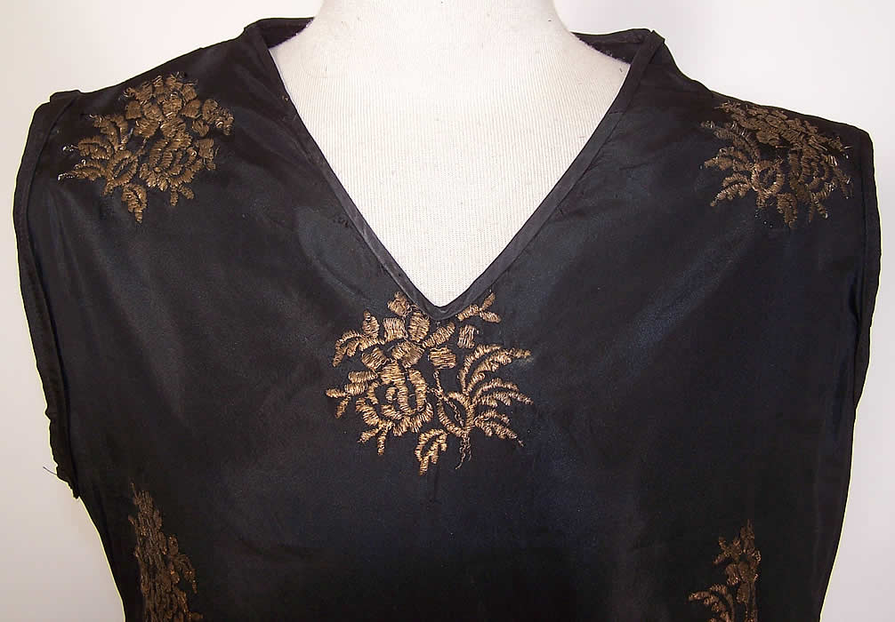 Vintage Black Silk Gold Metallic Lam&eacute; Embroidered Lace Drop Waist Dress close up front