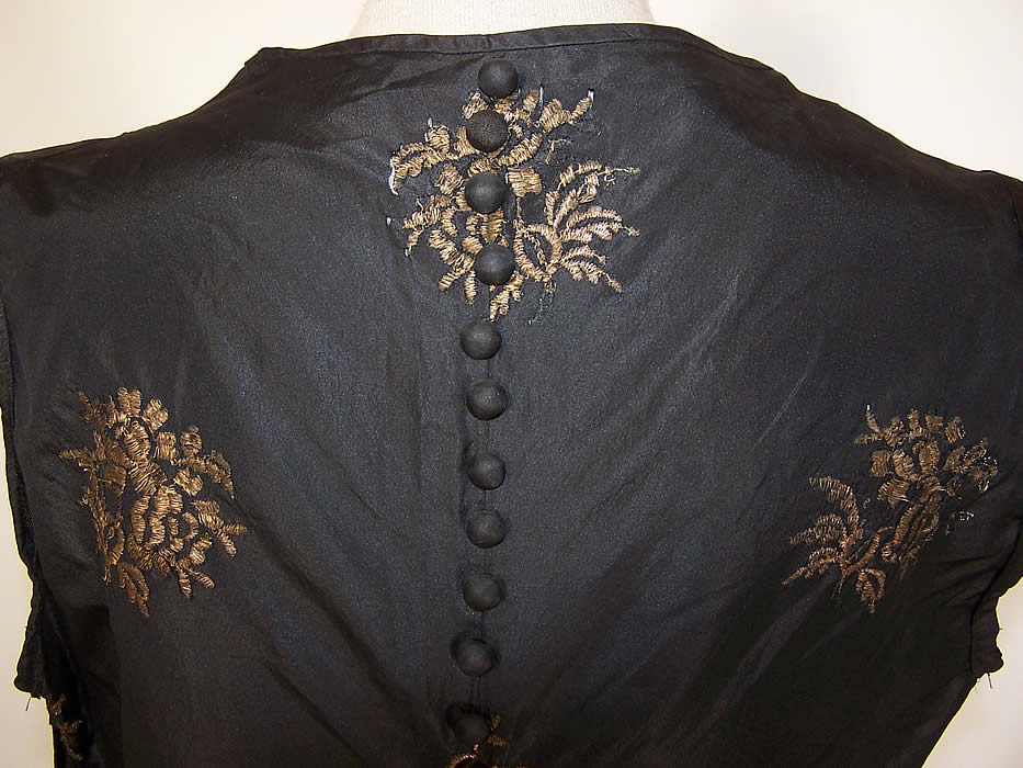 Vintage Black Silk Gold Metallic Lam&eacute; Embroidered Lace Drop Waist Dress back view close up