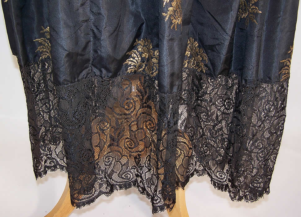 Vintage Black Silk Gold Metallic Lam&eacute; Embroidered Lace Drop Waist Dress skirt close up