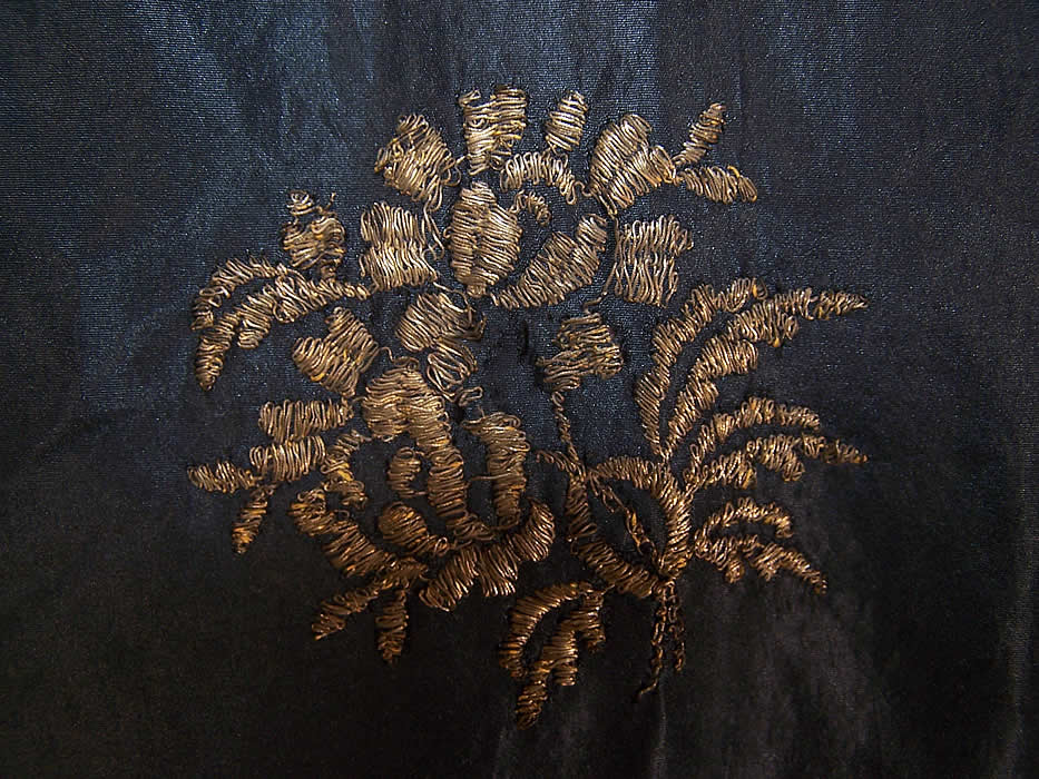 Vintage Black Silk Gold Metallic Lam&eacute; Embroidered Lace Drop Waist Dress extreme close up.