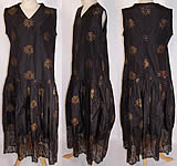 Vintage 1920s Black Silk Gold Metallic Lam&eacute; Embroidered Lace Drop Waist Dress