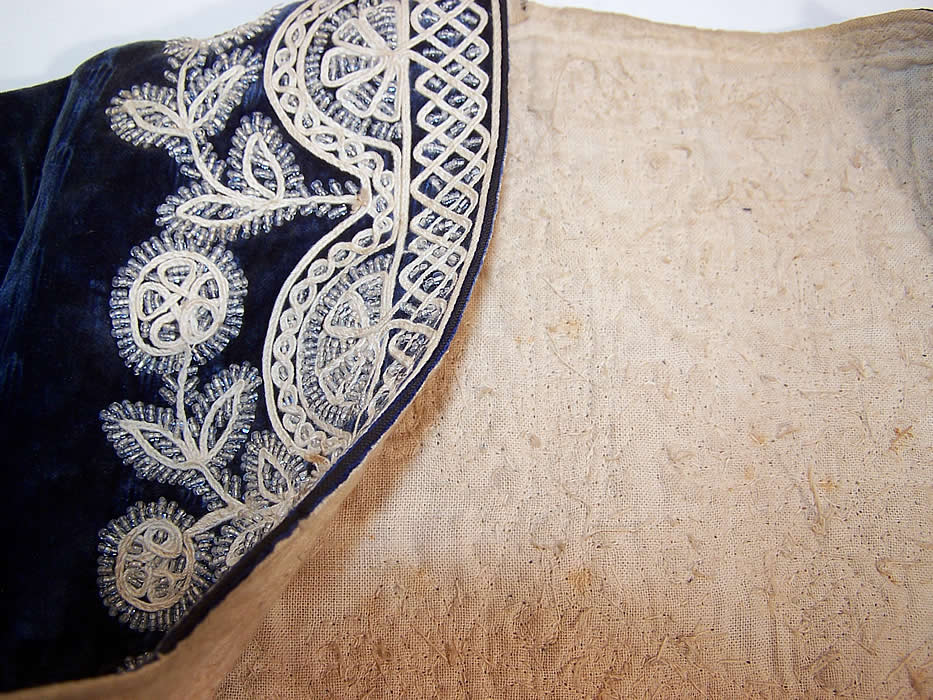 Antique Spanish Conquistador Bolivian Milkmaids Folk Costume Velvet Beaded Jacket lining close up.