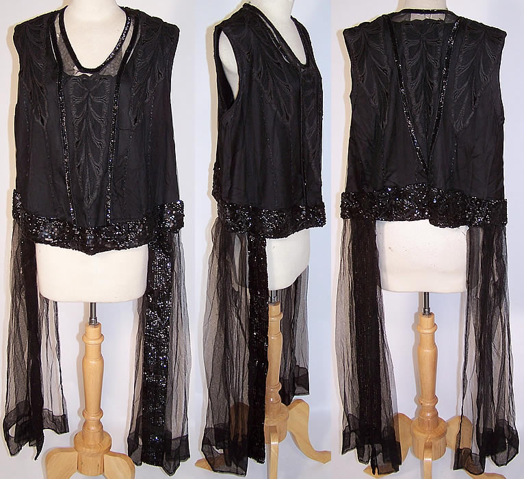 Vintage Art Deco Black Net Applique Sequin Beaded Blouse Flapper Tunic Top