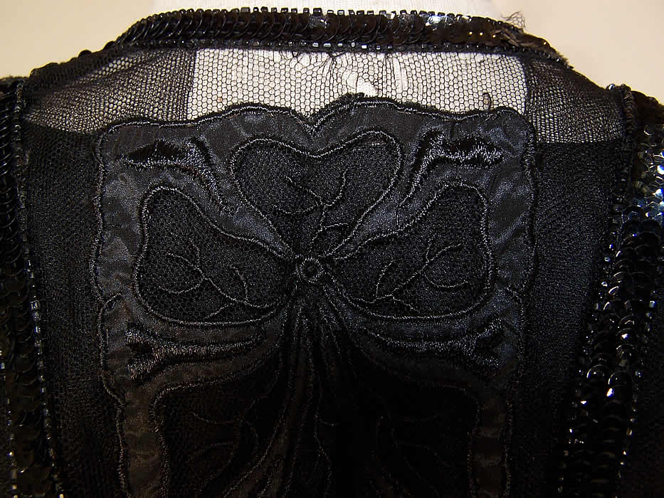 Vintage Art Deco Black Net Applique Sequin Beaded Blouse Flapper Tunic Top back view close up