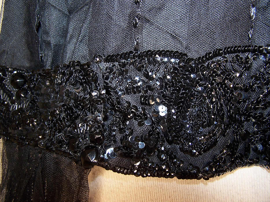 Vintage Art Deco Black Net Applique Sequin Beaded Blouse Flapper Tunic Top close up beading