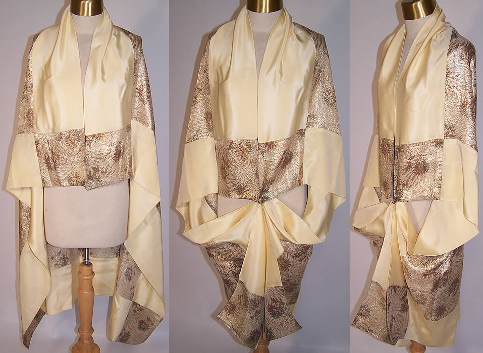 Art Deco Yellow Cream Silk Gold Lam&eacute; Cocoon Cape Cloak Shawl