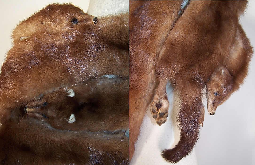 Vintage Stone Marten Mink Fur Stole Shawl Wrap Boa Cape close ups  only one loosely attached frayed paw leg and one missing tail tip. 
