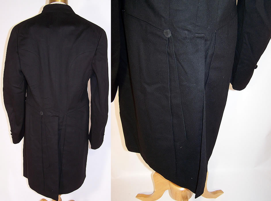 Victorian Brauer & Krohn Tailors Men Black Wool Formal Frock Coat back view.