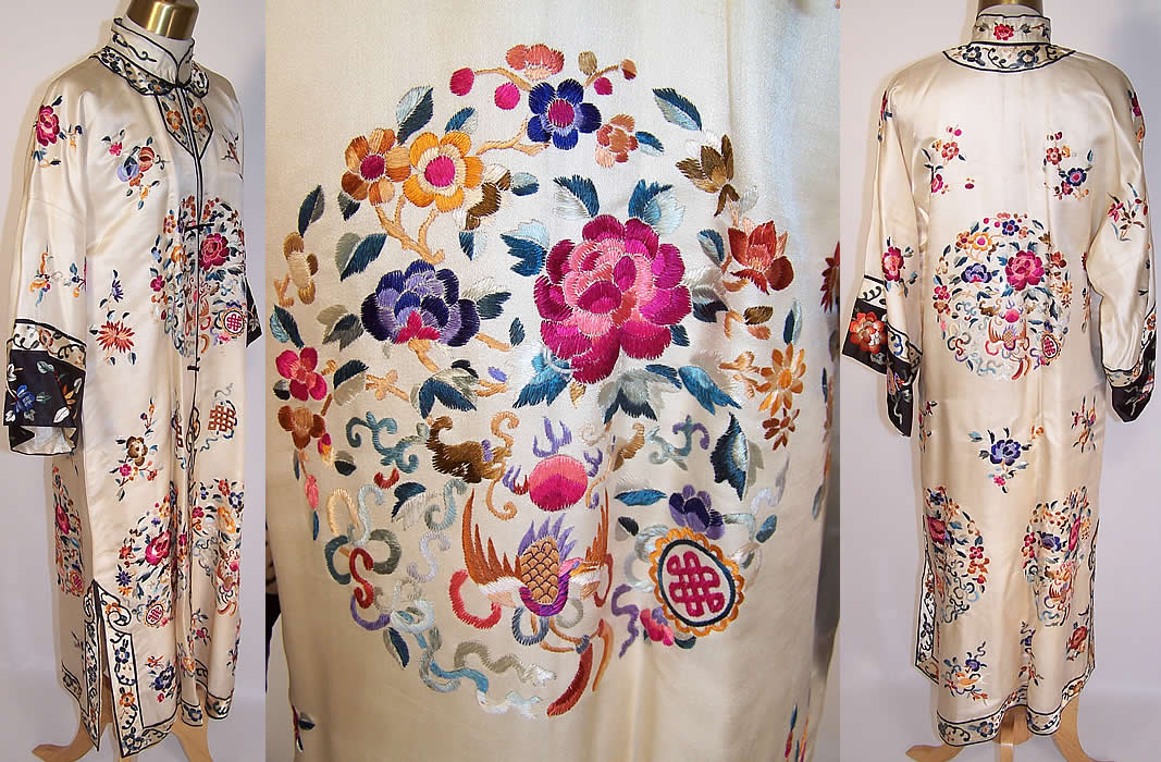 Vintage Chinese Silk Embroidered Auspicious Crane Knot Floral Robe Coat side view.