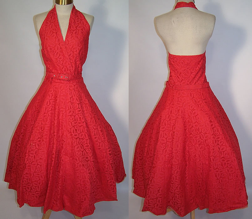 Vintage Ruth & Clara Hawaii Red Lace Halter Top Circle Skirt Belted Dress