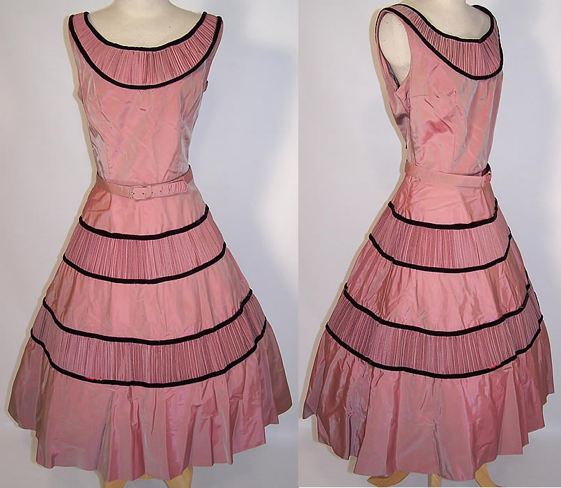 Vintage Natlynn Original Pink Pleated Silk Taffeta Circle Skirt Belted Dress