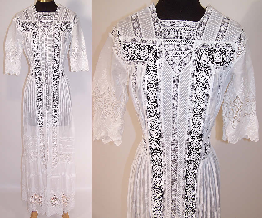 Edwardian Pleated White Cotton Batiste Lace Lawn Graduation Tea Dress