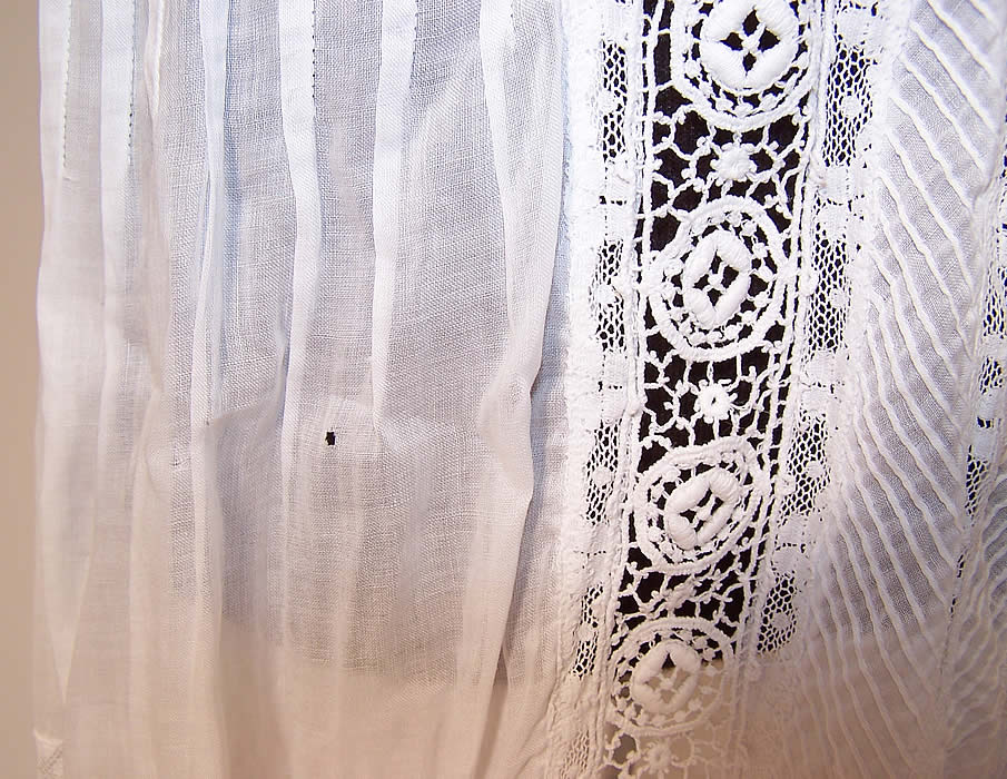 Edwardian Pleated White Cotton Batiste Lace Lawn Graduation Tea Dress close up.