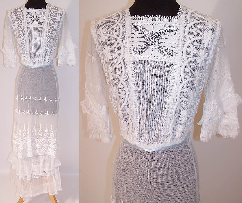 Edwardian White Embroidered Net Lace Graduation Wedding Dress
