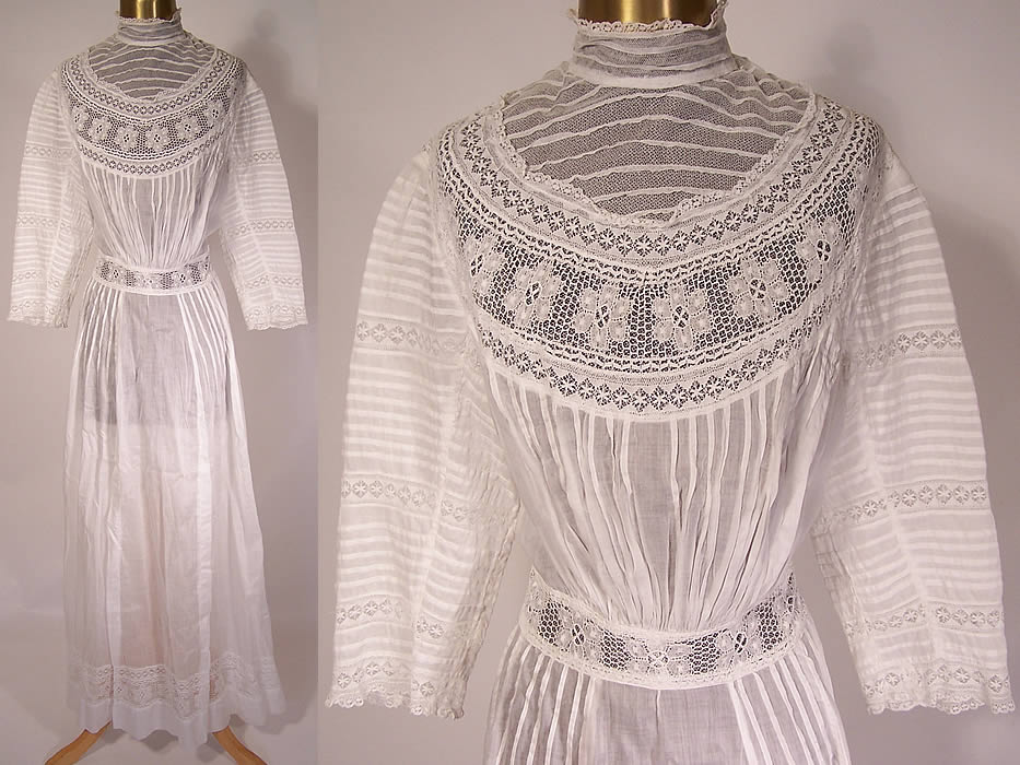 Edwardian High Collar Pleated White Cotton Batiste Lace Lawn Graduation Dress