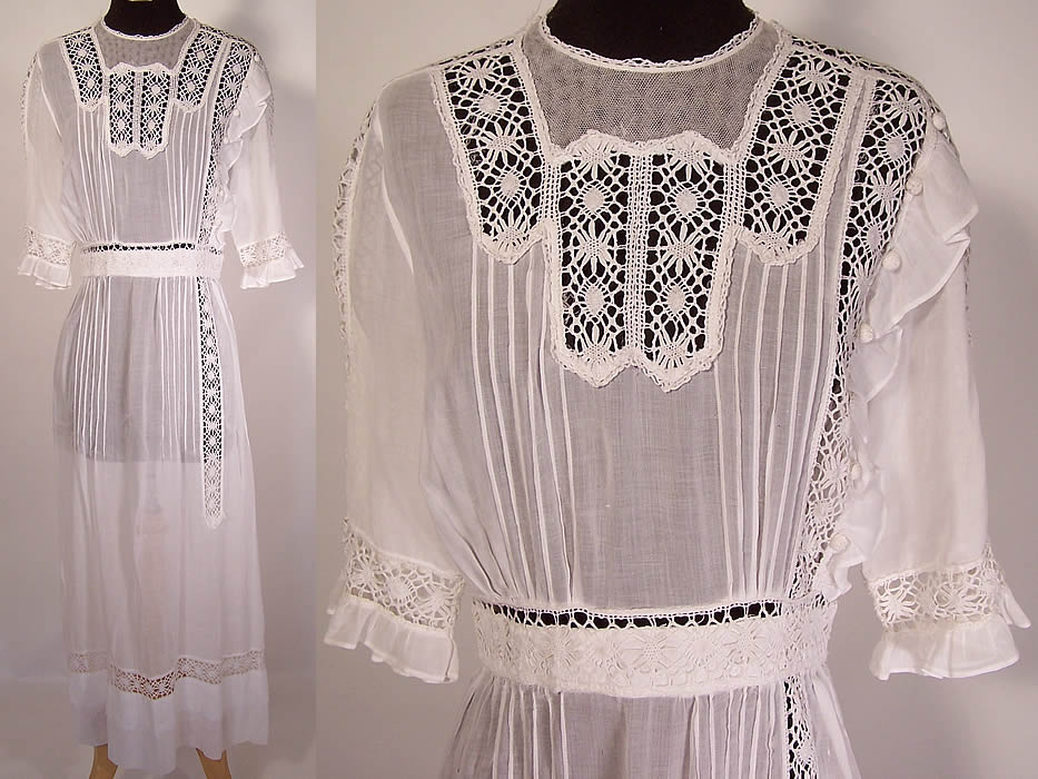 Edwardian Pleated White Cotton Batiste Cluny Lace Lawn Graduation Tea Dress