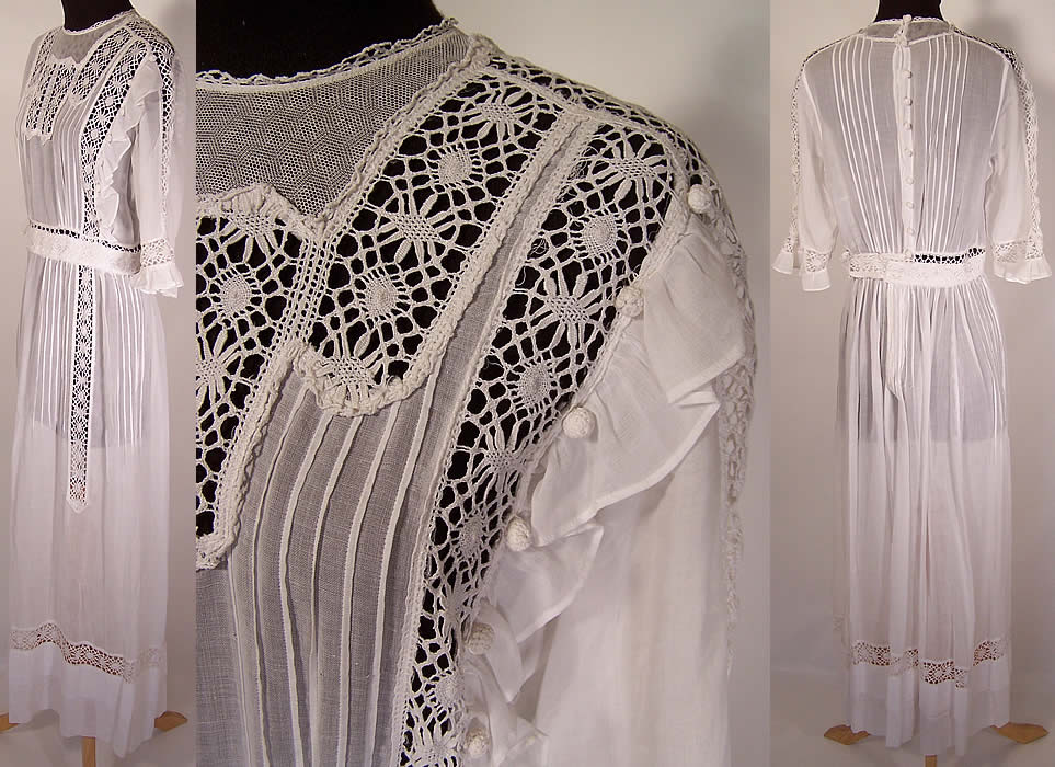Edwardian Pleated White Cotton Batiste Cluny Lace Lawn Graduation Tea Dress side view, close up & back view.