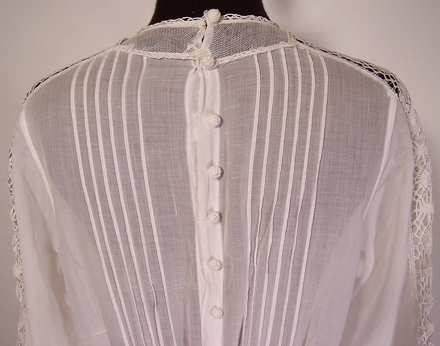 Edwardian Pleated White Cotton Batiste Cluny Lace Lawn Graduation Tea Dress back view close up