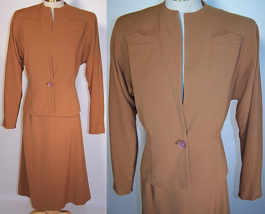 Vintage Tawny Brown Gabardine Wool Women's Suit Jacket & Skirt