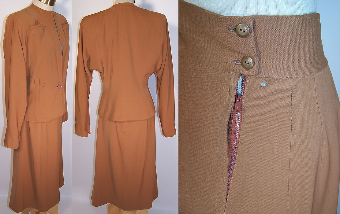 Vintage Tawny Brown Gabardine Wool Women's Suit Jacket & Skirt