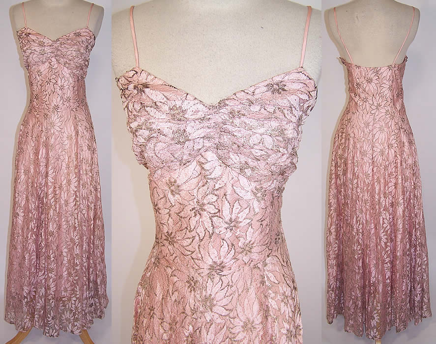 Vintage Muzaffar Pink Silver Metallic Lace Formal Evening Gown Dress
