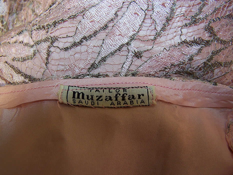 Vintage Muzaffar Pink Silver Metallic Lace Formal Evening Gown Dress label close up.