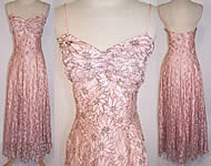 Vintage 1940s Muzaffar Pink Silver Metallic Lace Formal Evening Gown Dress